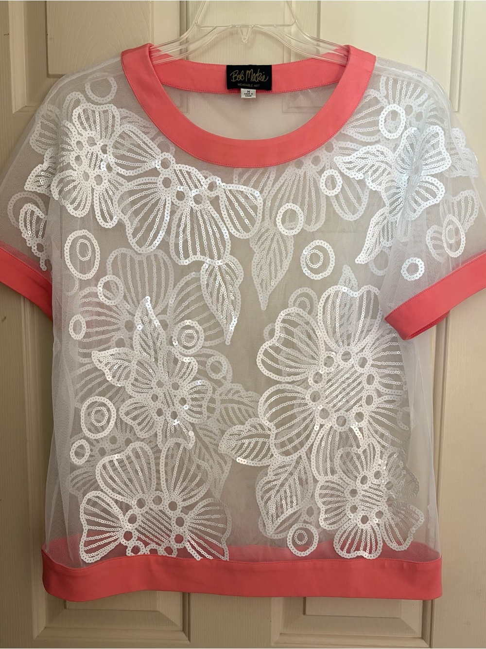 Bob Mackie Size Medium Coral Trim Lace Sequin Blouse